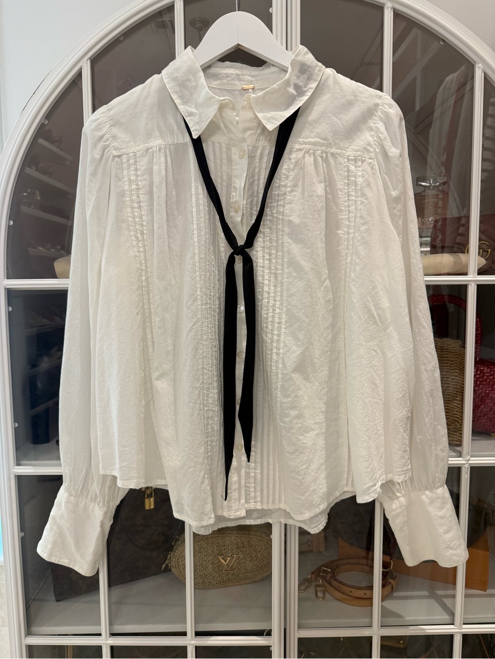 Free People White Button-Front Blouse with Black Neck Tie